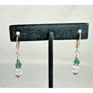 Green & White / Clear Crystal Dangle Earrings - Sterling - Leverback - 1 1/2"